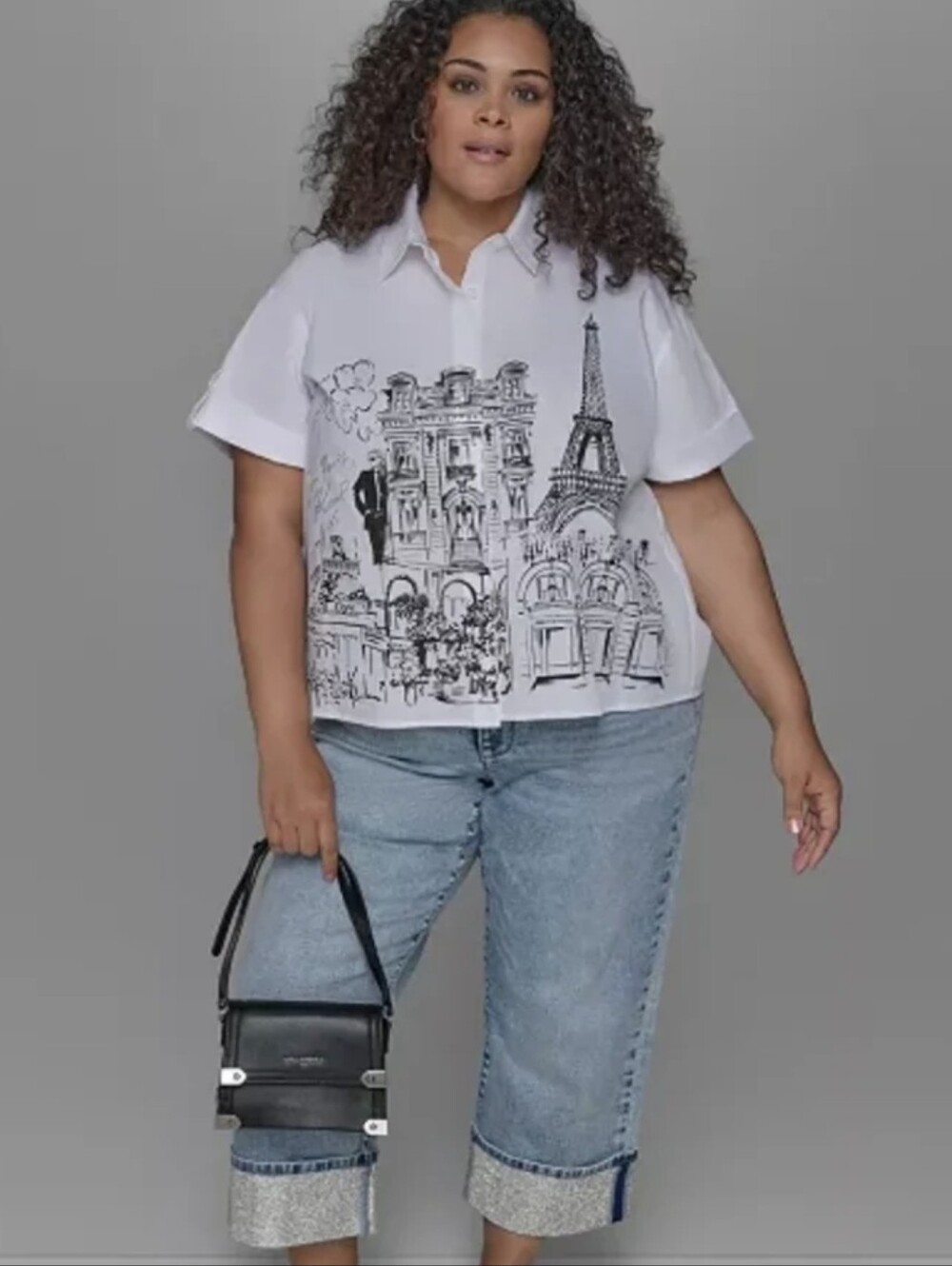 KARL LAGERFELD  Women's Cotton Crop Paris Scene Button-Front Top